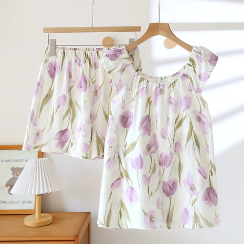 Cralom 100% Cotton Crepe Summer Pajama Set: Vest & Shorts Two Piece Sleepwear