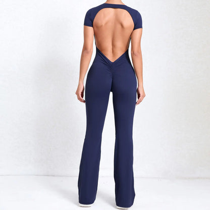 Cralom Deep Backless Yoga Jumpsuit - Flared Leg Naked Feeling Gym Wear