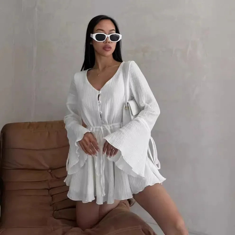 Cralom Flared Sleeve V-neck Lace Up Jumpsuit