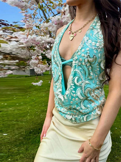 Cralom Sequined Halter Mesh Top | Backless Sleeveless Beach Vest Femme