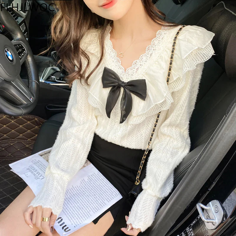 Cralom Lace Ruffle Bow Tie Blouse - White