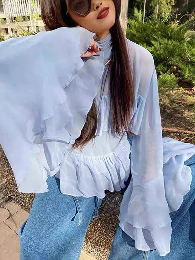 Cralom Chiffon Ruffle Shirt: Flare Sleeve Solid Blouse 2025 Spring Summer Streetwear