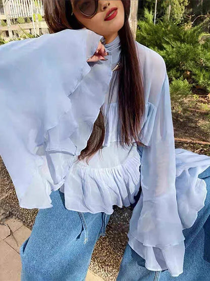 Cralom Chiffon Ruffle Shirt: Flare Sleeve Solid Blouse 2025 Spring Summer Streetwear