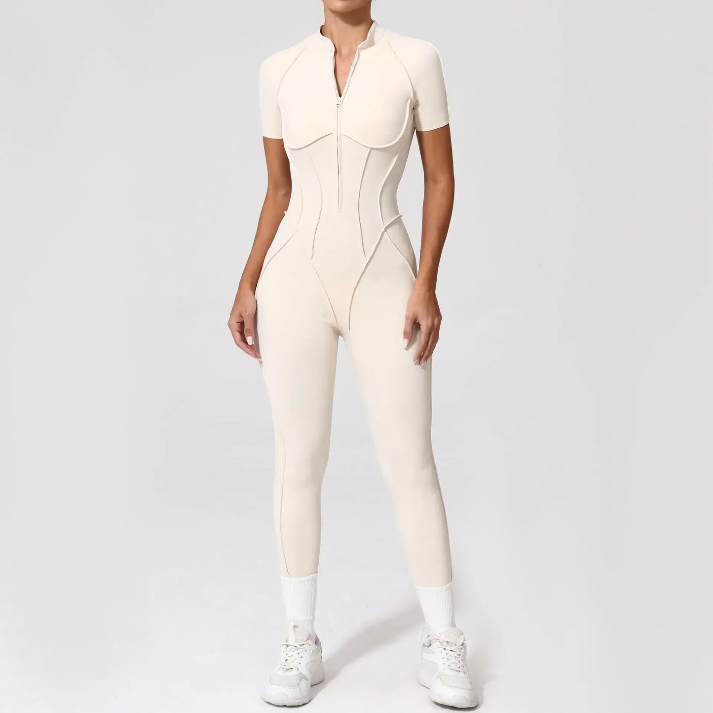 Cralom Seamless Front-Zip Short Sleeve Sports Jumpsuit