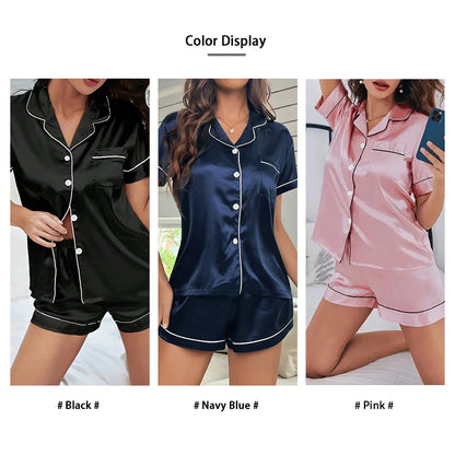 Cralom Silk Satin Pajama Set: Button Down Top & Shorts, Nightwear for Women
