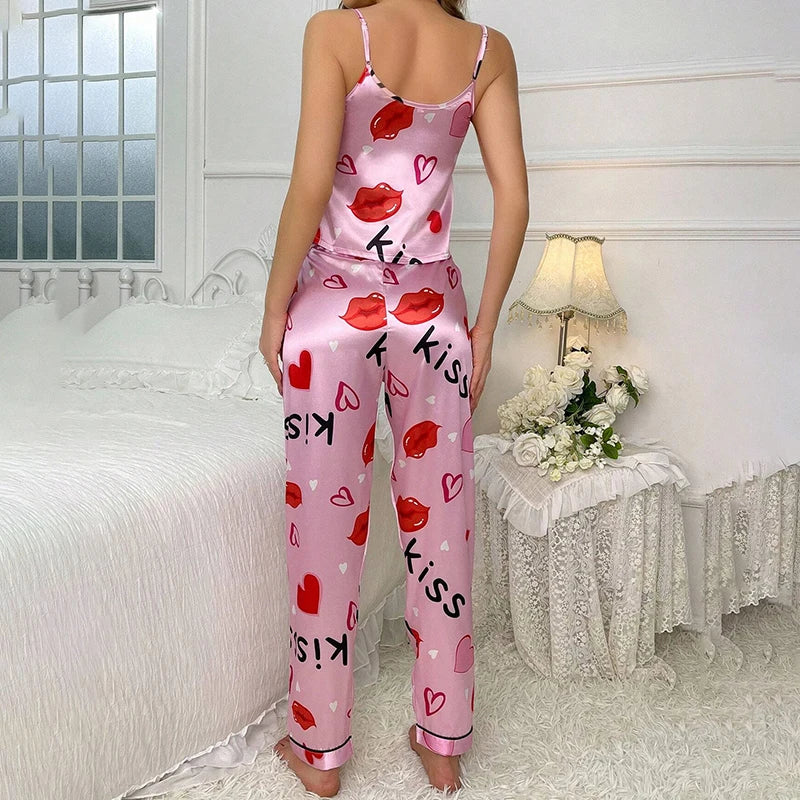 Cralom Women's Satin Floral Pajama Set - Spaghetti Strap Top, Long Pants Sleepwear