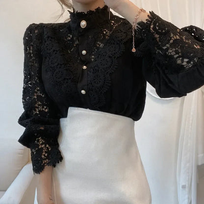 Cralom Lace Half Turtleneck Top: Elegant Office Style, Long Sleeve Blouse