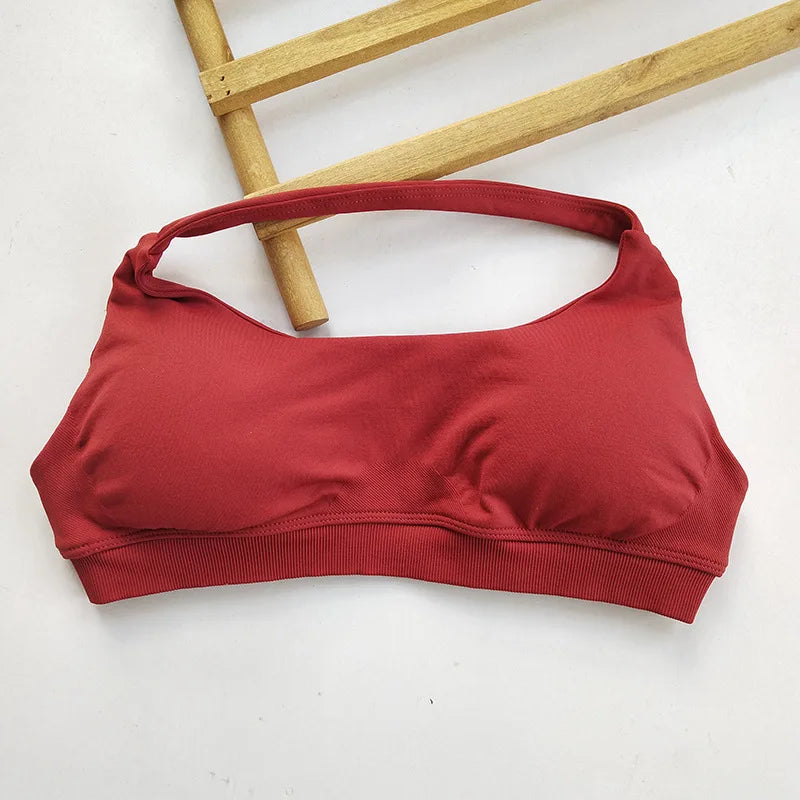 Cralom Yoga Halter Sports Bra Open Back Padded Crop Top Gym Fitness Running Top