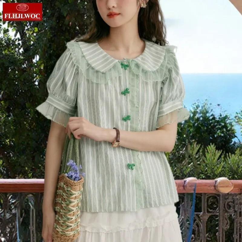 Cralom Butterfly Button Peter Pan Collar Blouse Cute Preppy Style Women Tops