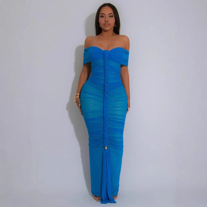 Cralom Mesh Pleated Shoulder One-piece Dress for Summer 2025