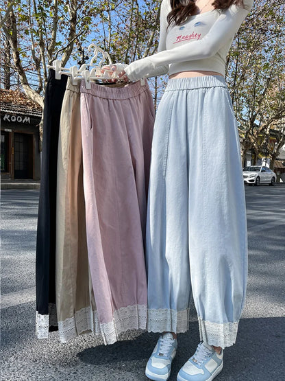 Cralom Lace Pocket High Waist Harem Pants Casual Korean Capris Vintage Style