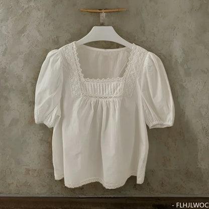 Cralom Japanese Style Square Neck Lace Blouse White Tops Women Summer