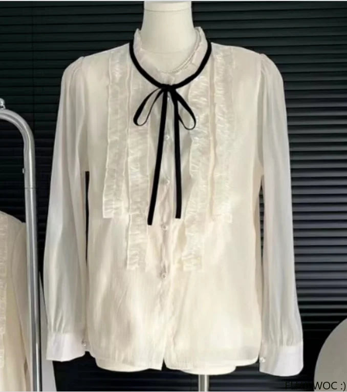 Cralom Lace Ruffled Ribbon Tops with Bow Tie/Button, Elegant Blouses