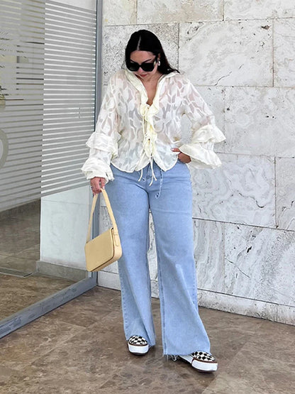 Cralom Ruffled Lace Up Blouse: Elegant Long Sleeve Loose Fit Shirt