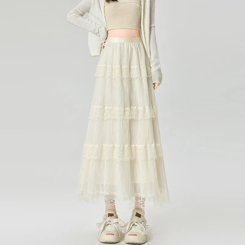 Cralom Lace Spliced A Line High Waist Pleated Skirt 2025 Elegant Summer Fashion