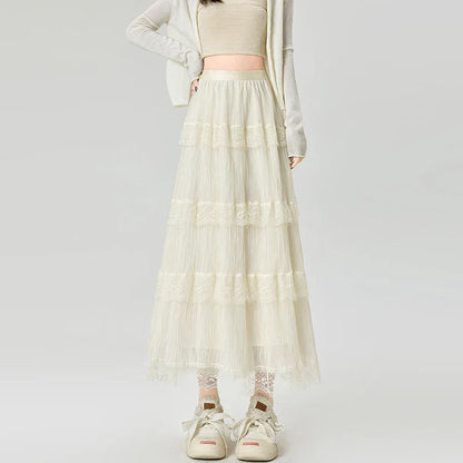 Cralom Lace Spliced A Line High Waist Pleated Skirt 2025 Elegant Summer Fashion
