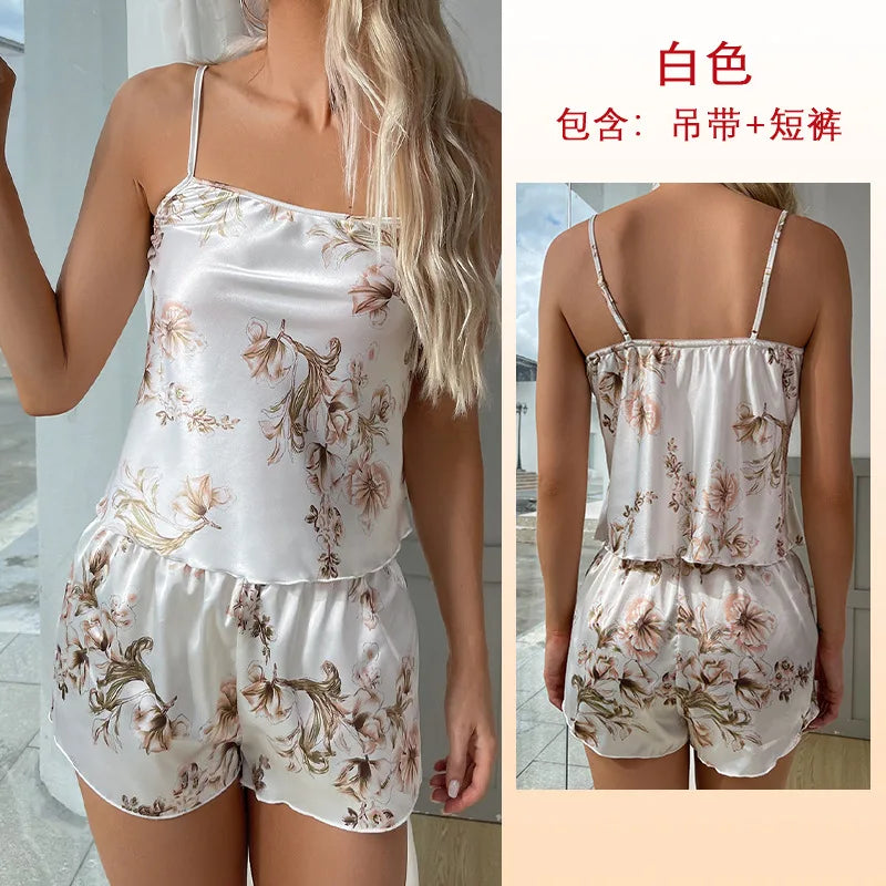 Cralom Women's Printed Silk Pajama Set