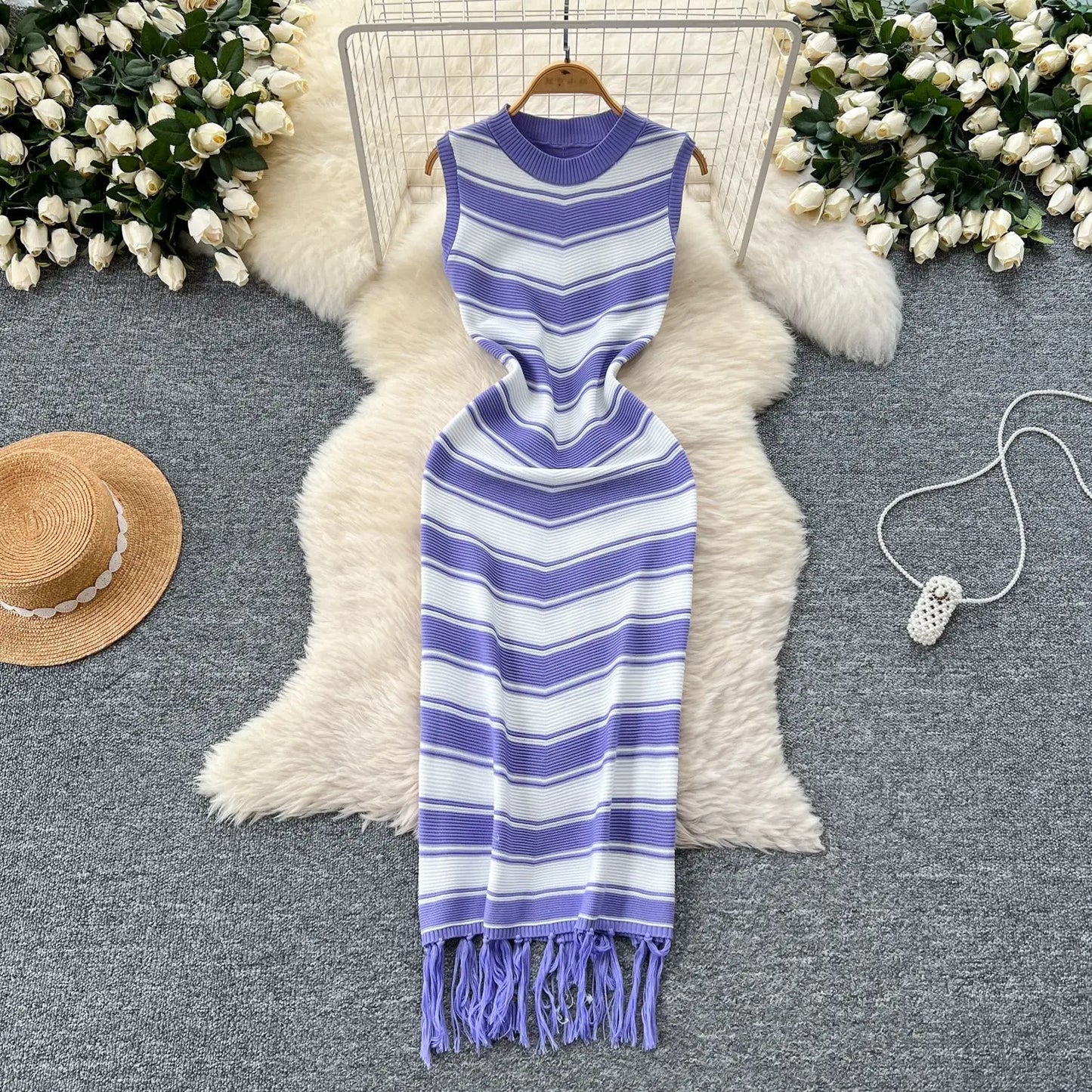 Cralom Ribbed Striped Tank Maxi Dress with Tassel Detail