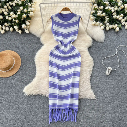 Cralom Ribbed Striped Tank Maxi Dress with Tassel Detail
