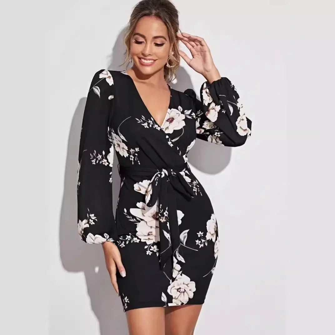 Cralom V-Neck Printed Long Sleeve Dress with Lace-Up Waist & Slim Fit