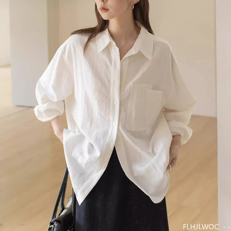 Cralom Retro Vintage Button-Up Blouse_Long Sleeve Loose Fit Boyfriend Style