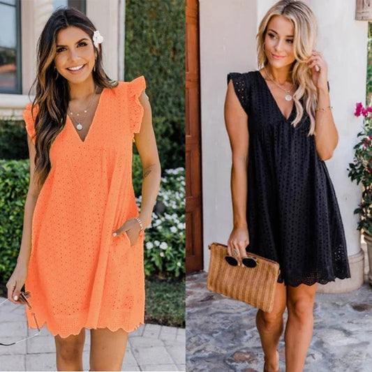 Cralom Lace Jacquard V Neck A-line Beach Dress with Pockets