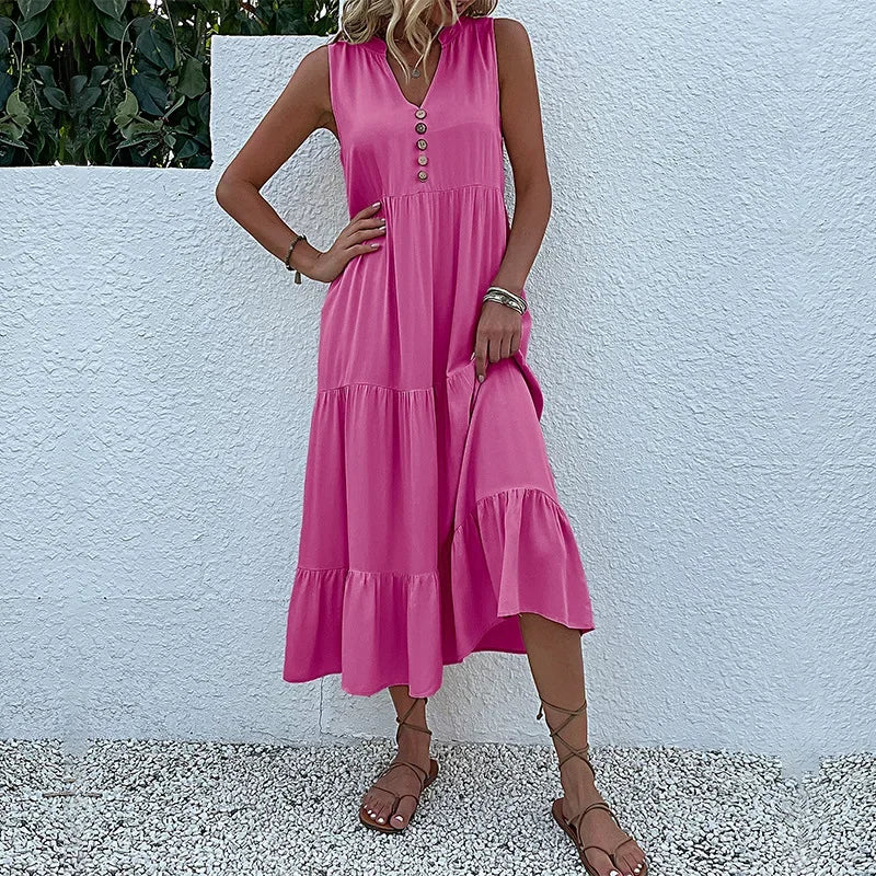 Cralom Women's Solid Color Loose A-Line Midi Dress - 2024 Summer Fashion