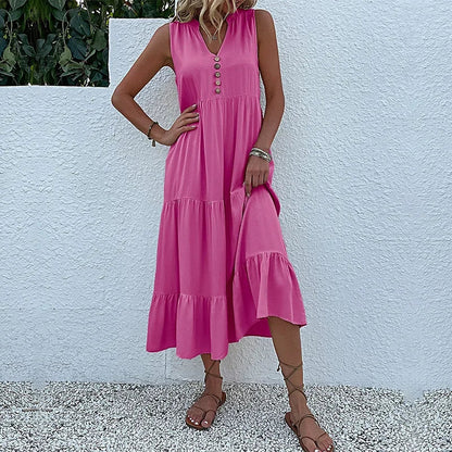 Cralom Women's Solid Color Loose A-Line Midi Dress - 2024 Summer Fashion