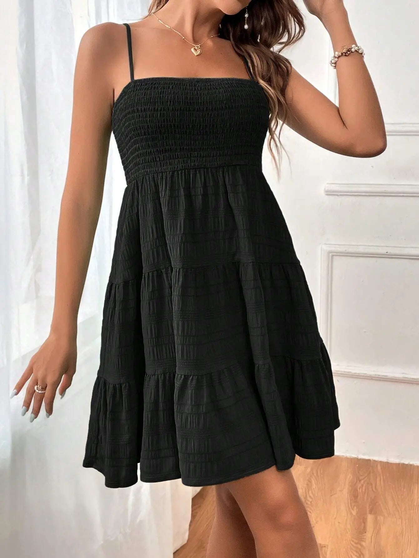 Cralom Solid Color Texture Strap Skirt One Piece Swimsuit