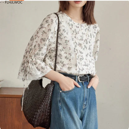 Cralom Women's Retro Stripe Floral Button Shirts