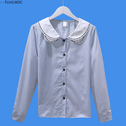 Cralom Embroidered Peter Pan Collar Blouse Long Sleeve Preppy Style Striped Shirt