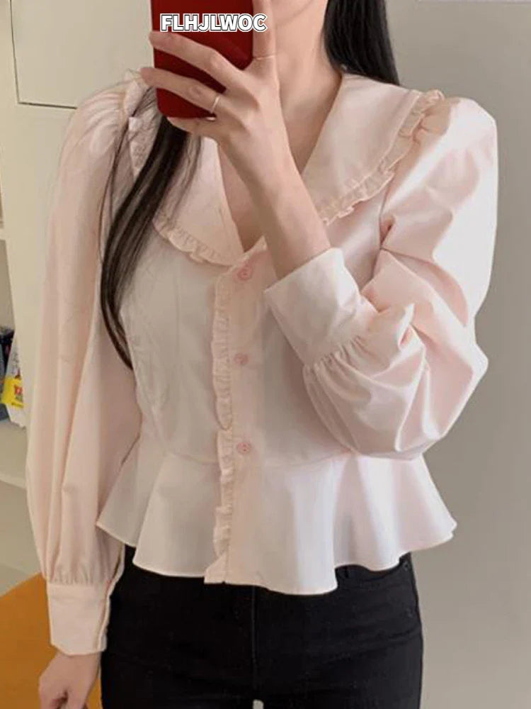 Cralom Pink Peplum Peter Pan Collar Shirt - Women's Preppy Style Top