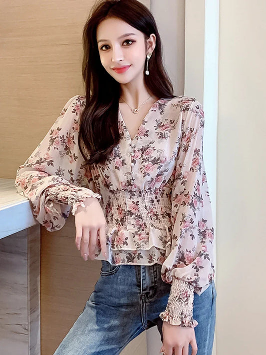 Cralom Long Sleeve V-Neck Floral Peplum Blouse
