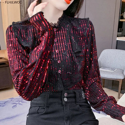 Cralom Sparkly Sequin Ruffle Trim Blouse Slim Fit