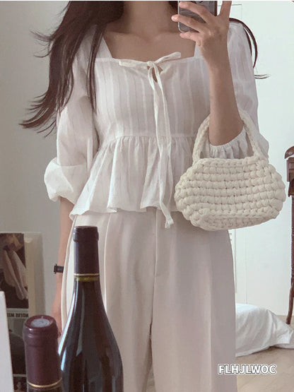 Cralom Peplum Ruffles Bow Tie Crop Top - White Square Neck Blouse