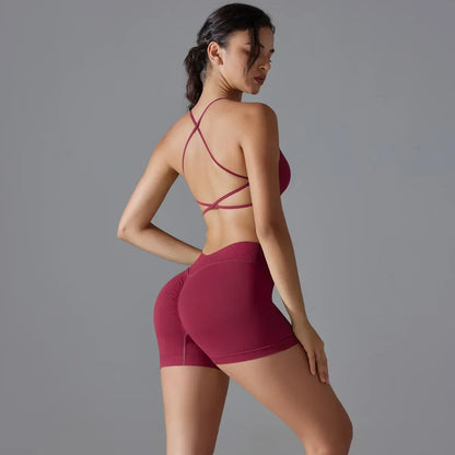 Cralom Women's Seamless Yoga Set - Cross Back Bra & Buttocks Gym Shorts