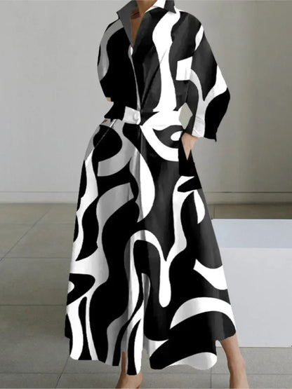 Cralom White Dot Print Maxi Dress - Elegant V Neck Autumn Long Sleeve Party Robe