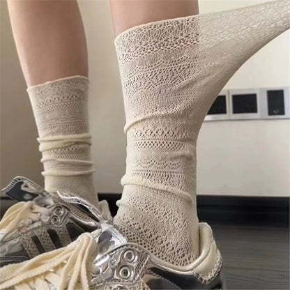 Cralom Lace Calf Socks: Slimming, Hollow Design, Retro Style, Breathable Summer Socks