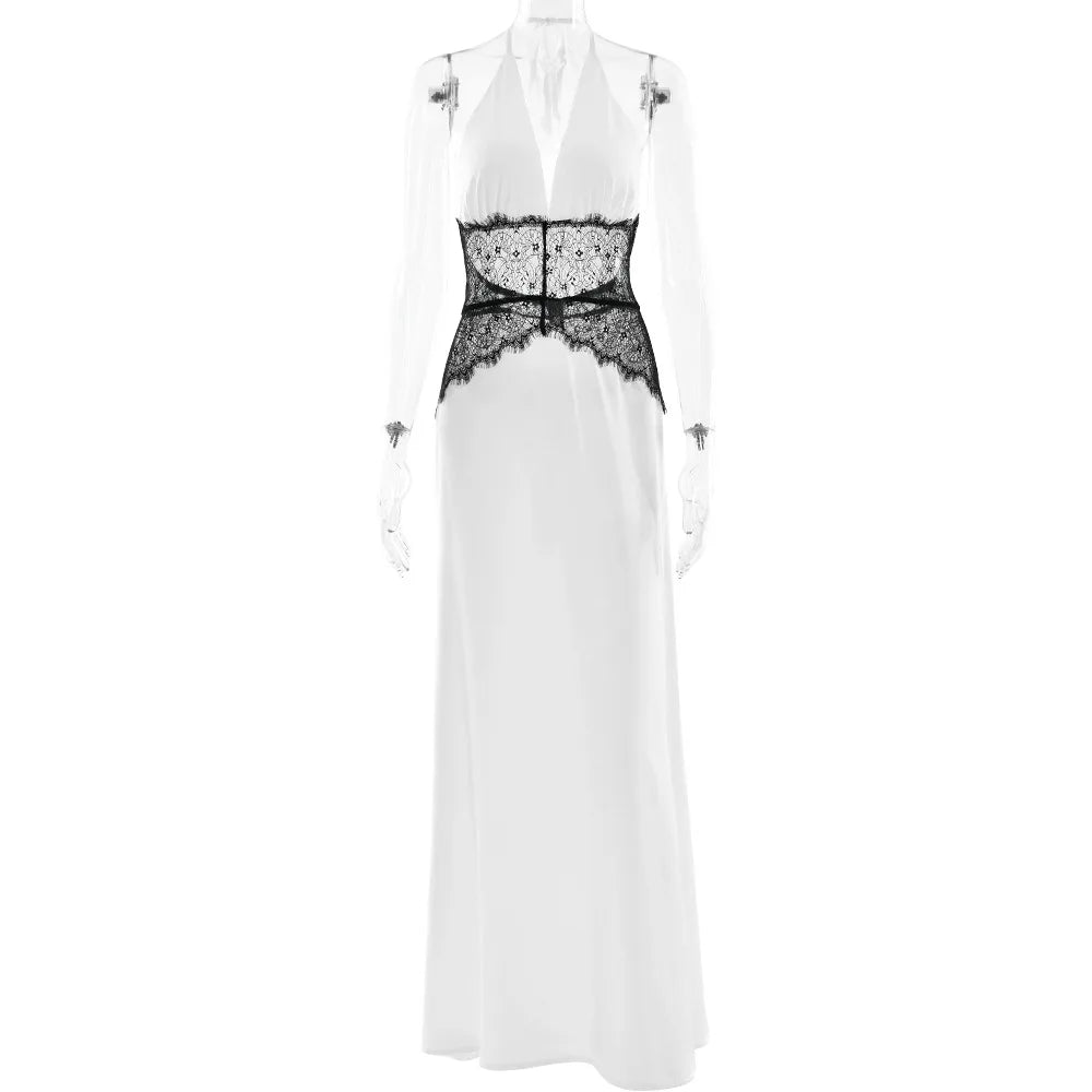 Cralom Deep V-silk Satin Long Dress with Patchwork - Elegant & Sexy