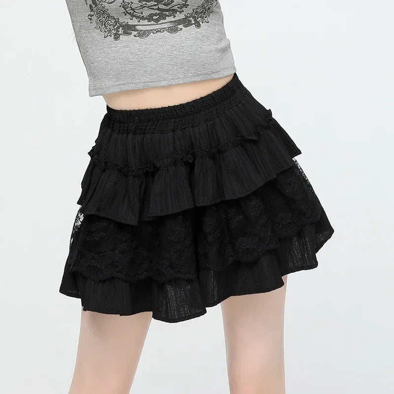 Cralom Sweet Ruffles A Line Mini Skirt - High Waist Lace Spliced Slim Solid Style