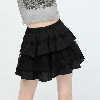 Cralom Sweet Ruffles A Line Mini Skirt - High Waist Lace Spliced Slim Solid Style