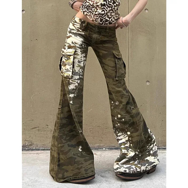 Cralom Vintage Washed Cargo Jeans Women High Waist Loose Straight Pants