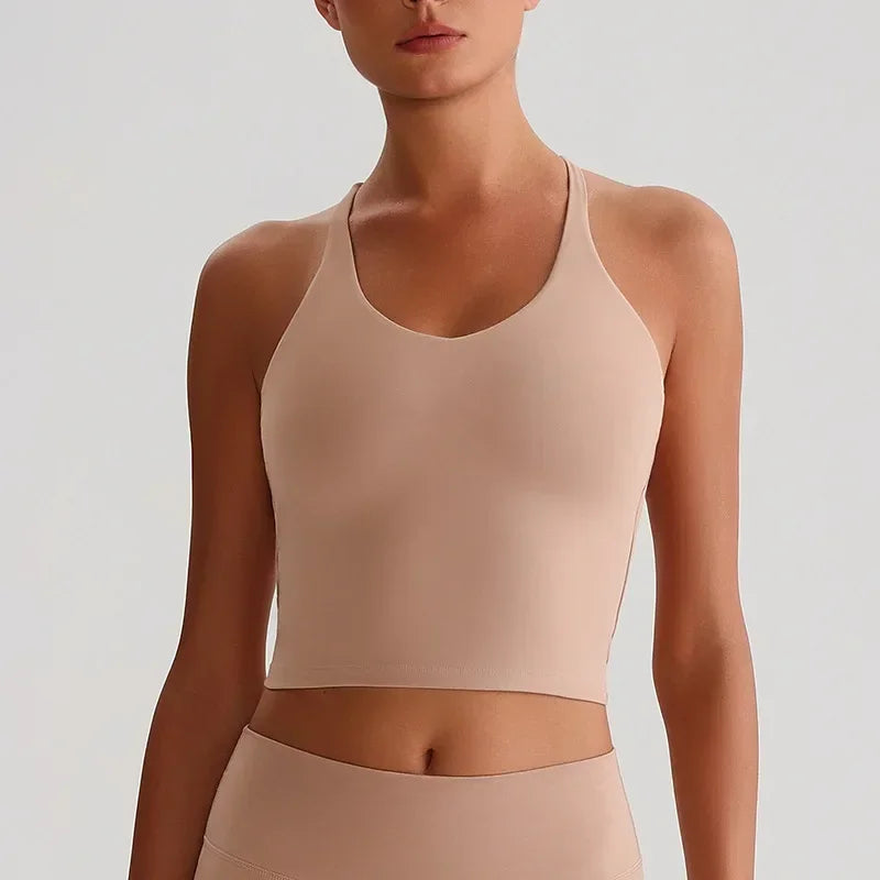 Cralom Nude Yoga Top with Detachable Chest Pads and Crossover Back