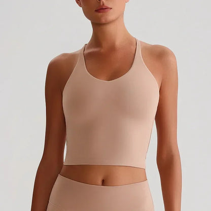 Cralom Nude Yoga Top with Detachable Chest Pads and Crossover Back