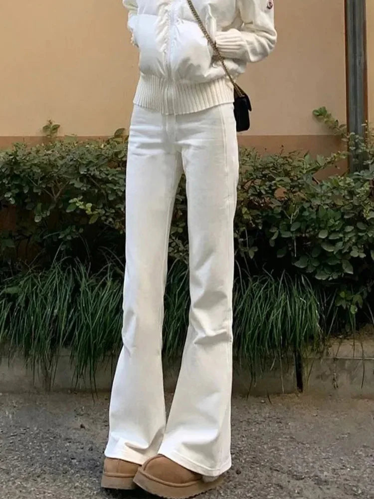Cralom Vintage Washed Flare Jeans Women Y2K High Waist Streetwear Straight Pant