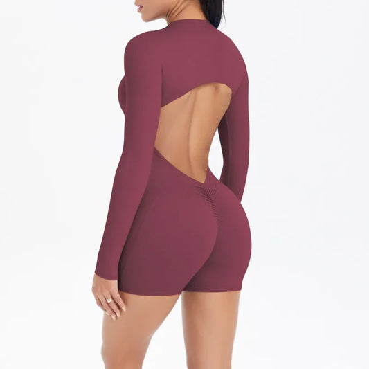 Cralom Seamless Yoga Bodysuit with Cut-Out Back, Half Zip & Peach Booty Lift