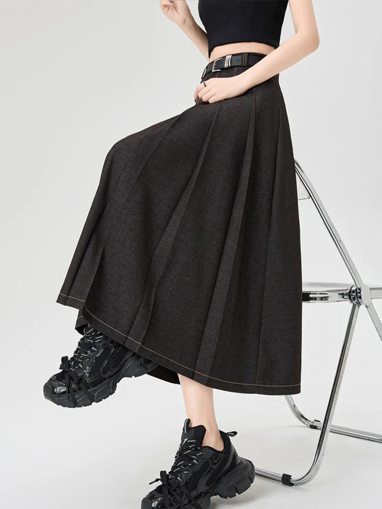 Cralom High Waist Denim Pleated A-Line Skirt | Korean Style Spring Summer Fashion