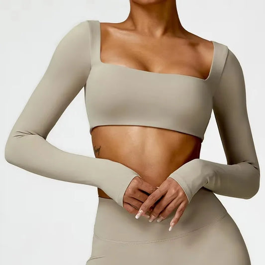 Cralom Square Neck Gym Top: Quick Dry Long Sleeve Crop Top for Women