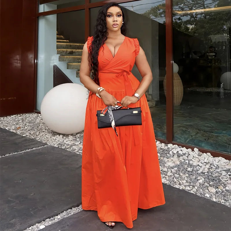 Cralom V-Neck High Waist Maxi Dress Solid Color Sleeveless Sexy Summer Fashion