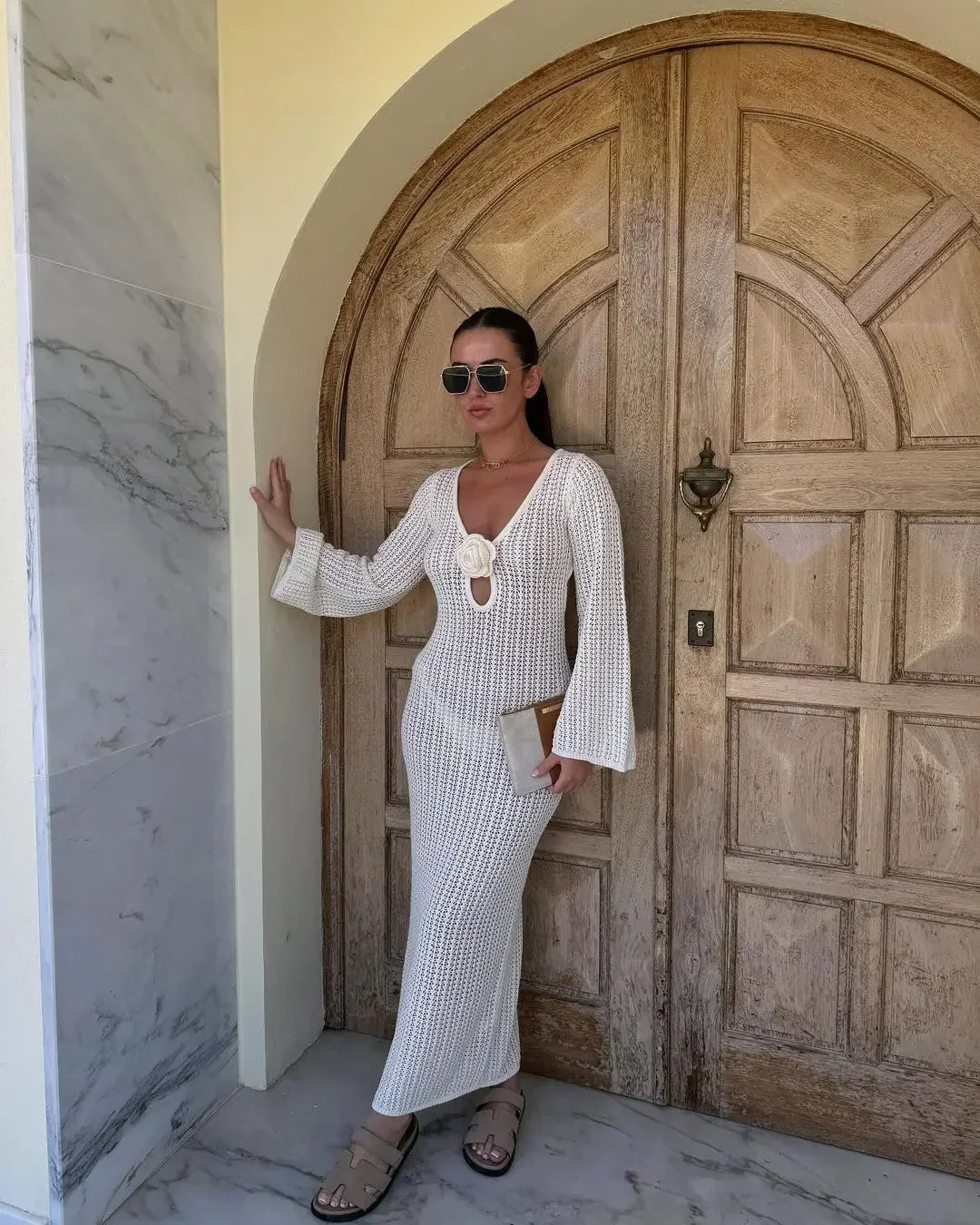Cralom Women's V-Neck Knitted Maxi Dress